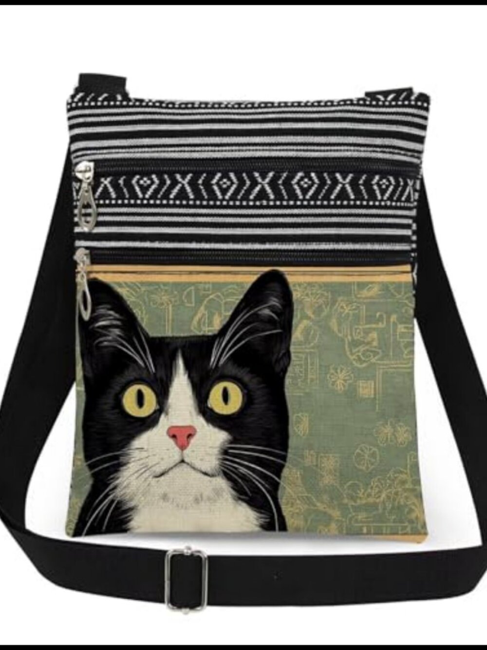 Polyester Cat Crossbody Bag Adjustable Strap Double Zipper Sling